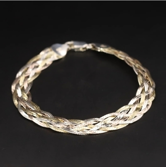 Sterling silver 7" herringbone chain 7‎ mm braided tri color bracelet - Picture 1 of 5